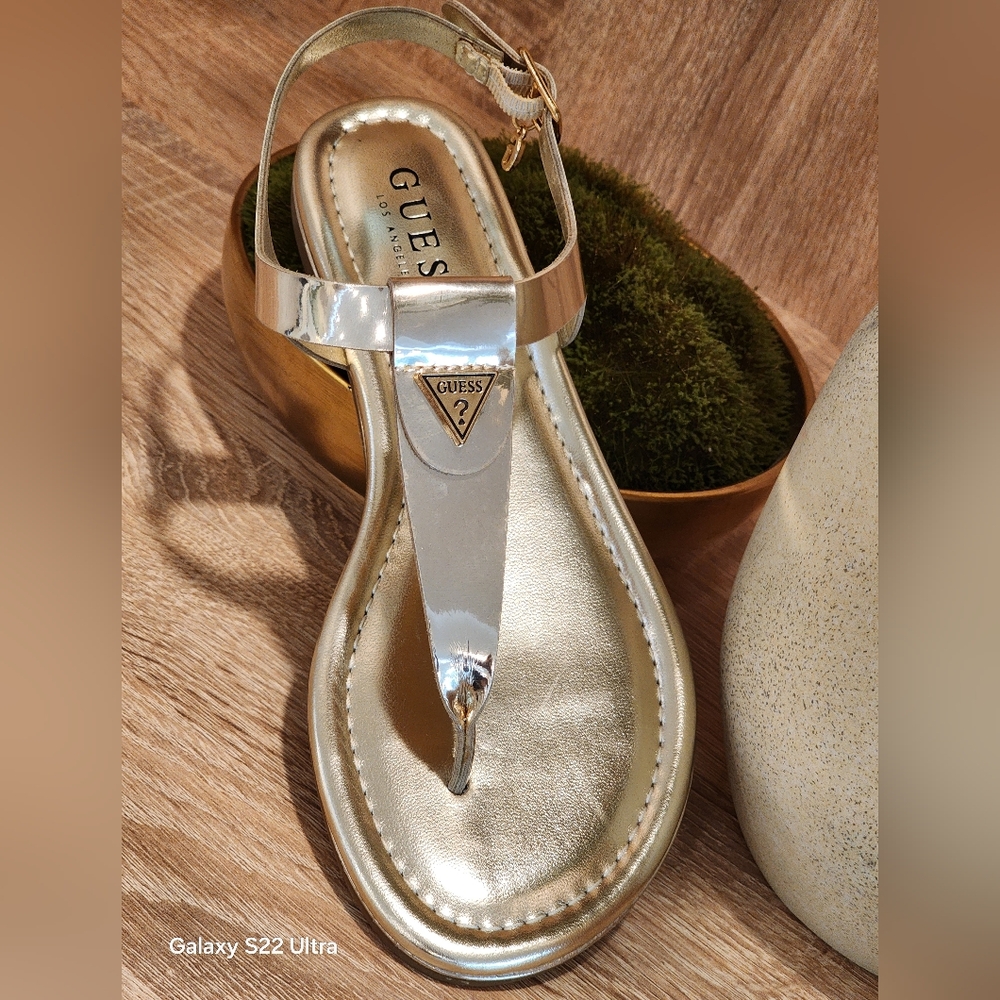 Guess Dorrys Gold T-Strap Women's Charm Logo Ankle Strap Sandals Size 6 - Picture 10 of 12